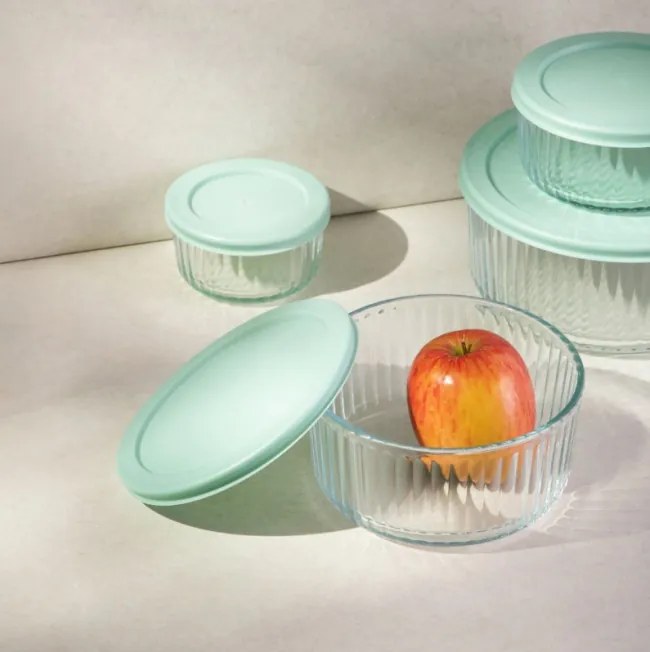 Sada sklenených nádob SCATOLA priesvitná s pistáciovým viečkom 744426 (4 ks)