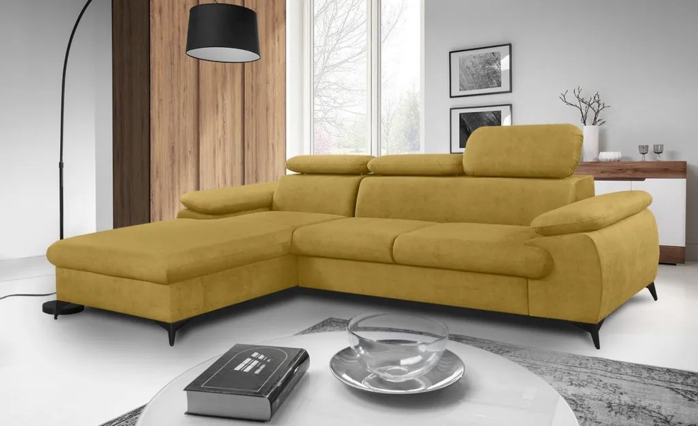 Rohová sedacia súprava Scala, kurkumovo žltá látka, ľavý roh