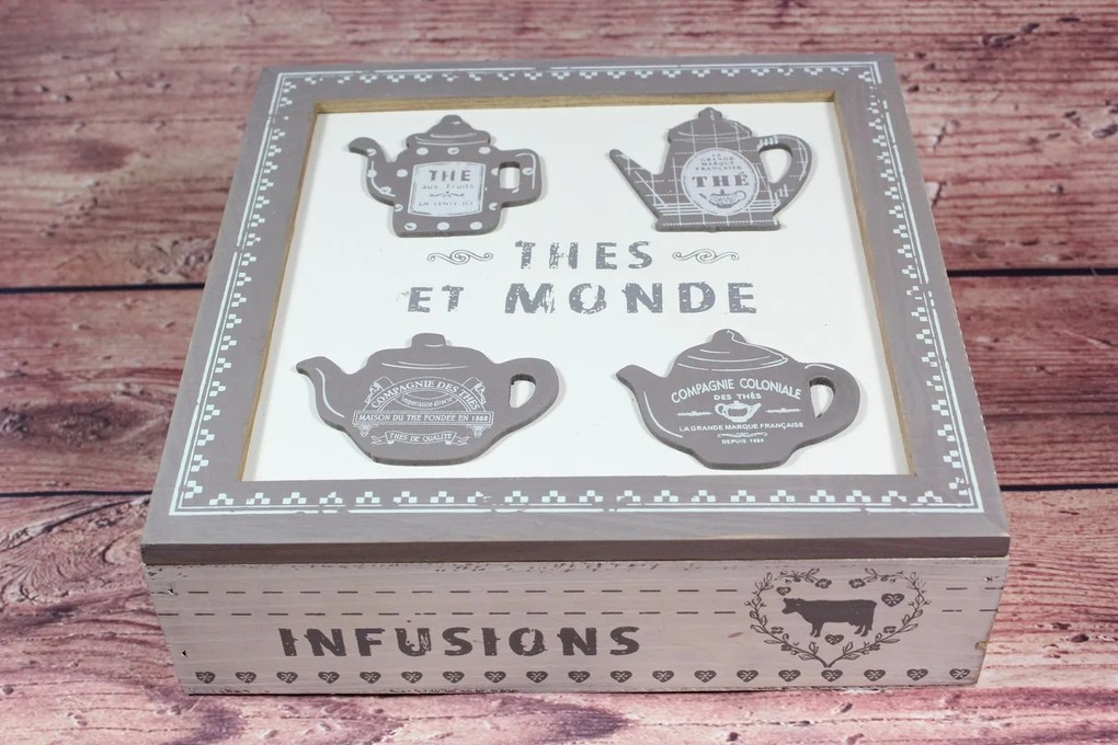 Drevená krabica na čaj "THES ET MONDE" (24x7x24,5 cm)