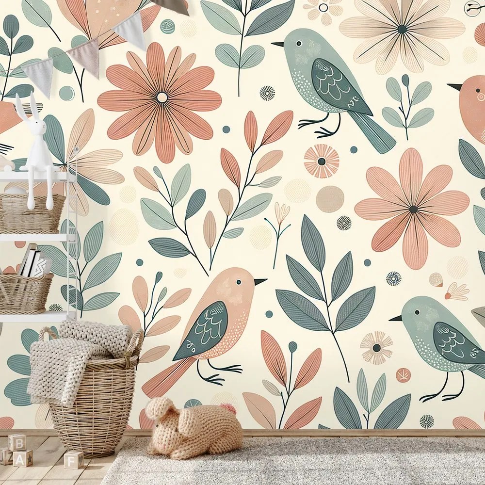 Fototapeta pastelové vtáčiky a kvety