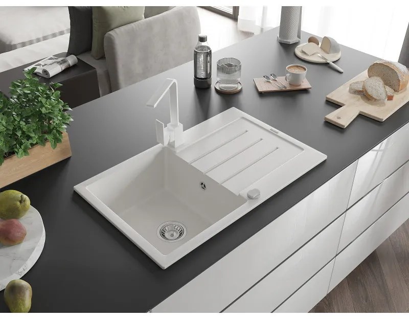 Mexen Bruno, drez granitový 795x495x200 mm, 1-komorový, biela s chrómovým sifónom a biela drezová batéria Rita, 6513-20-670300-20