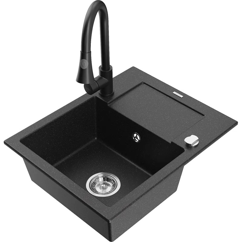 Mexen Enzo, 1-komorový granitový drez 576x465x174 mm a drezová batéria Elia, čierna-strieborná metalíza, 6506-73-670101-70