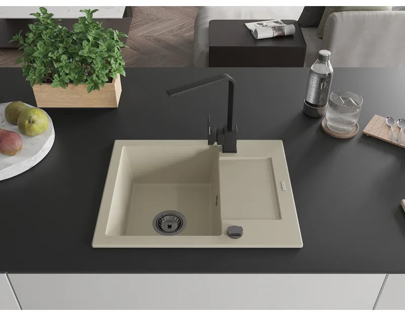 Mexen Enzo, granitový drez 576x465x174 mm, 1-komorový a čierna batéria Rita, béžová, 6506-69-670300-70