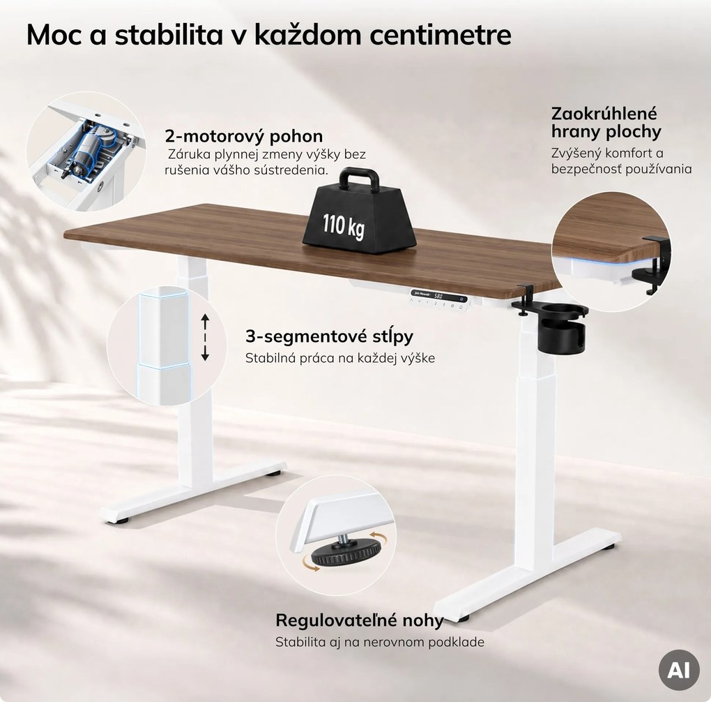 Elektrický stôl s nastaviteľnou výškou ergonomický biely/orech,1400x700 mm: ARIA