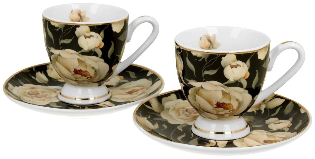 Porcelánová šálka na nohe s podšálkou English Roses Black 90 ml sada 2ks