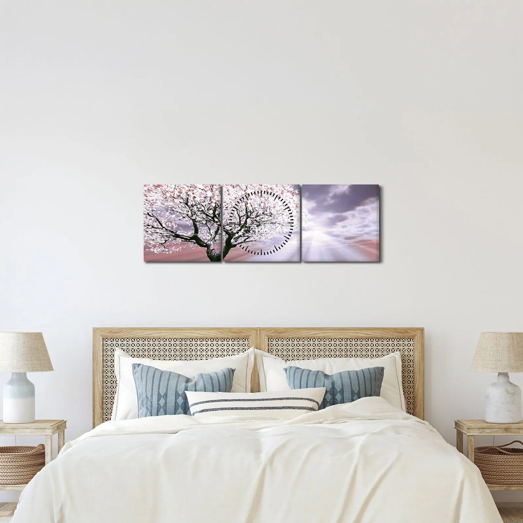 Červený obraz stromu (s hodinami) (90x30 cm)
