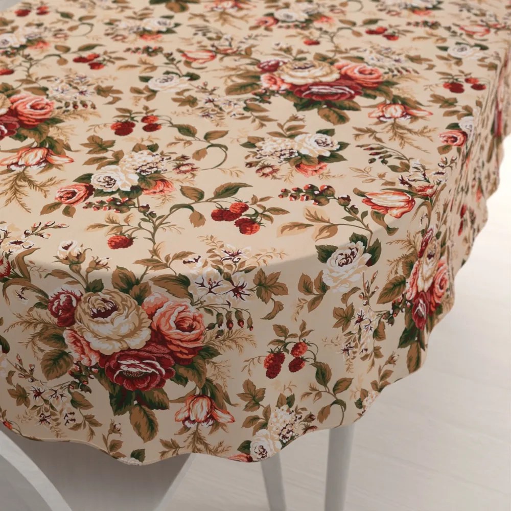 Biante Bavlnený oválny obrus Sandra SA-607 Červené ruže na béžovom 60x100 cm