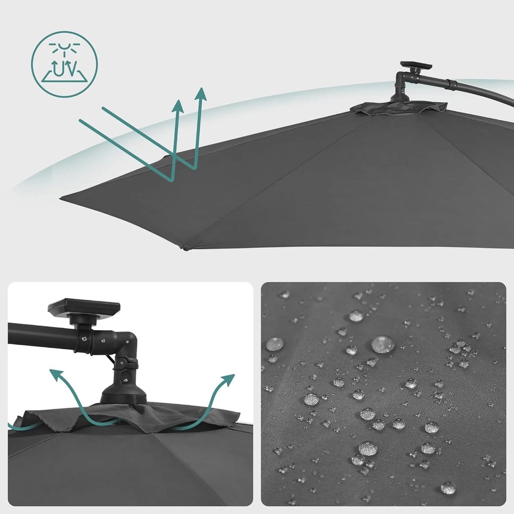 Konzolový záhradný slnečník so solárnymi LED svetlami, s ochranou UPF 50+, sivá farba