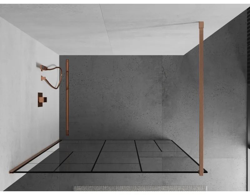 Mexen Kioto, sprchová zástena Walk-In 90 x 200 cm, 8mm číre sklo čierny vzor, medený matný profil, 800-090-101-65-78
