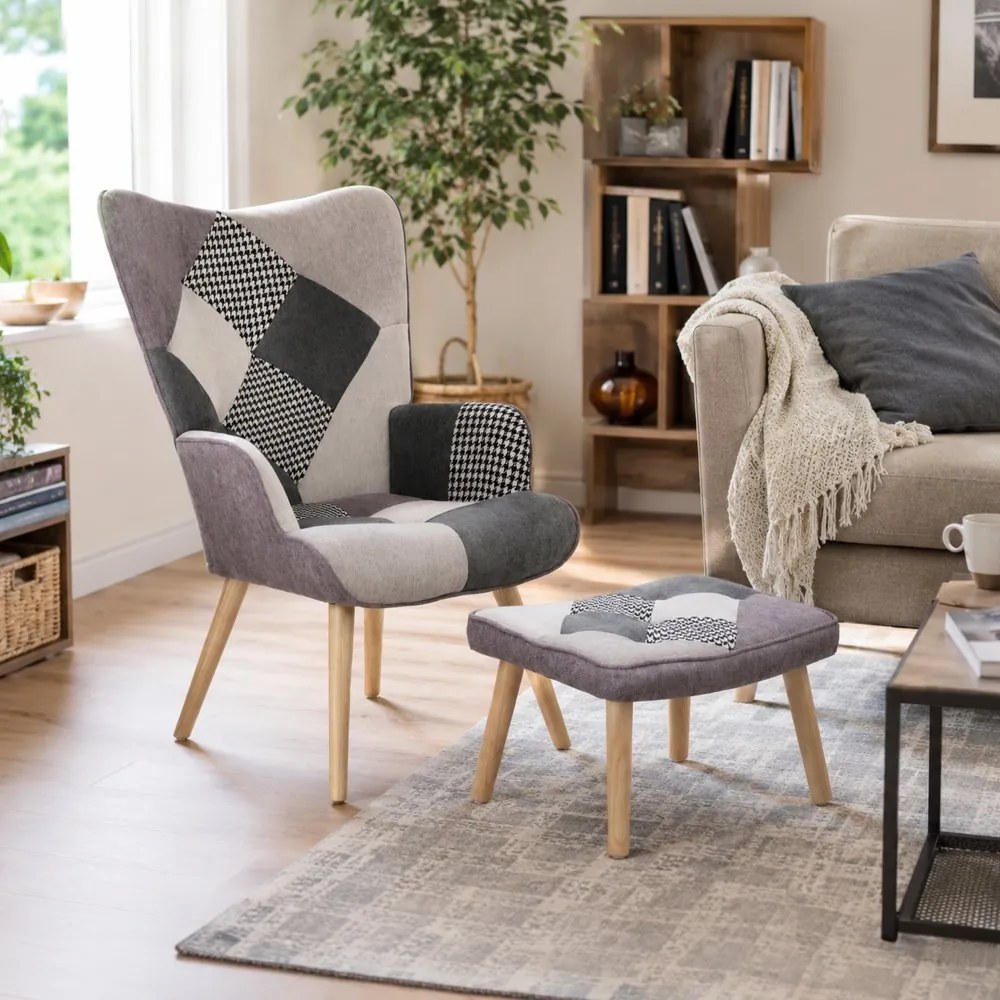 Relaxačné kreslo ušiak LISA + taburet — masív, látka, čiernobiely patchwork