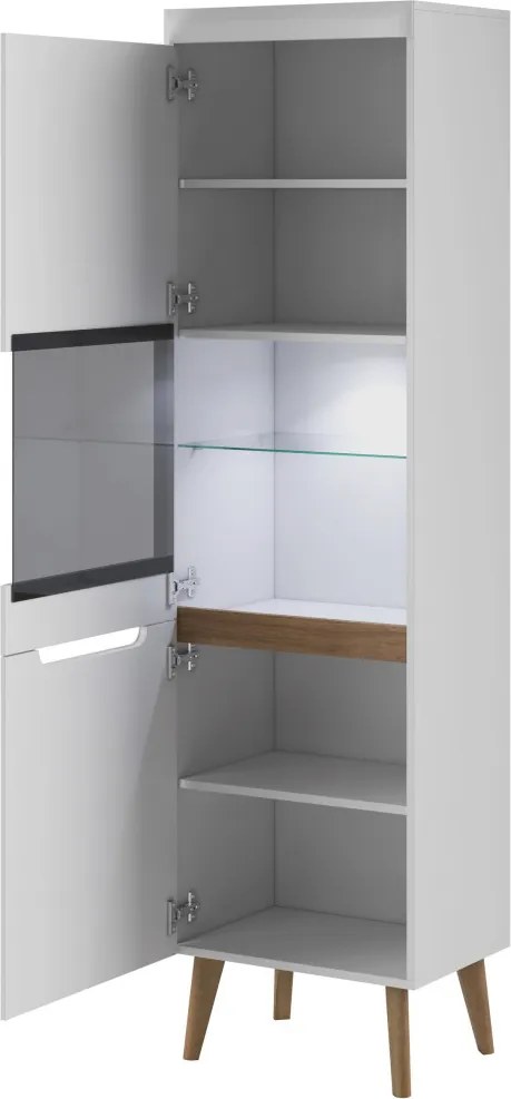 Vysoká vitrína Nordi, dub riviéra/biela lesk