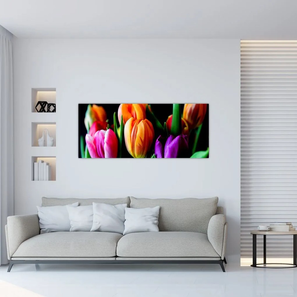 Obraz tulipánov na čiernom pozadí (120x50 cm)