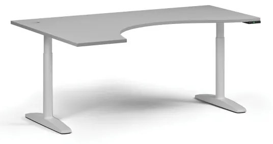 Výškovo nastaviteľný stôl OBOL, elektrický, 675-1325 mm, ergonomický ľavý, doska 1800x1200 mm, biela zaoblená podnož, sivá