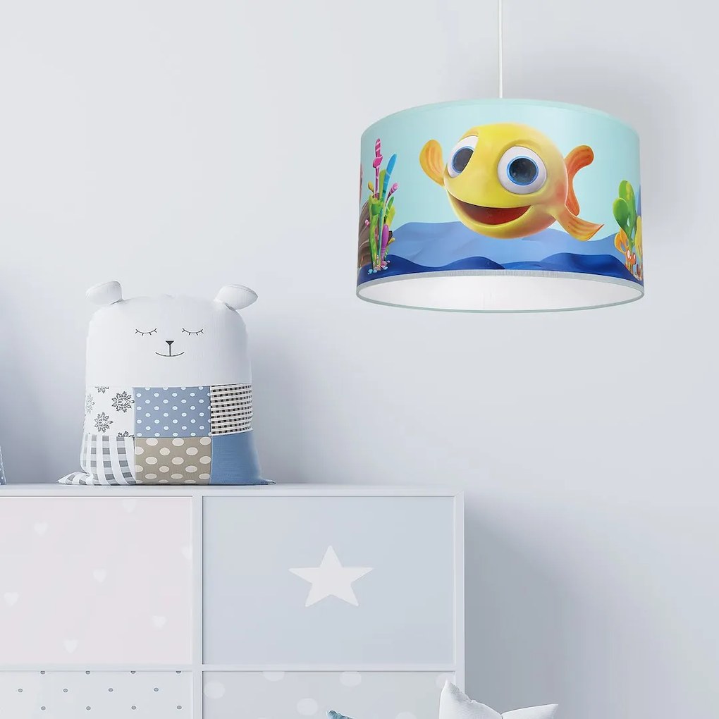 Detské závesné svietidlo Fish, 1x plastové tienidlo so vzorom, bl
