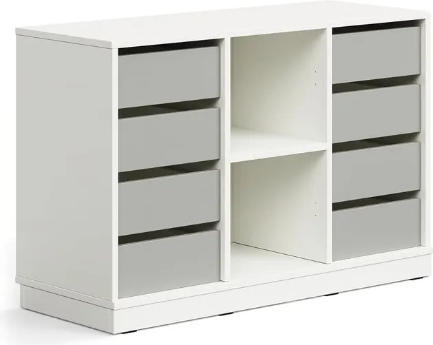 Úložná skrinka CASPER, 8 zásuviek, 2 priehradky, so soklom, biela/šedá