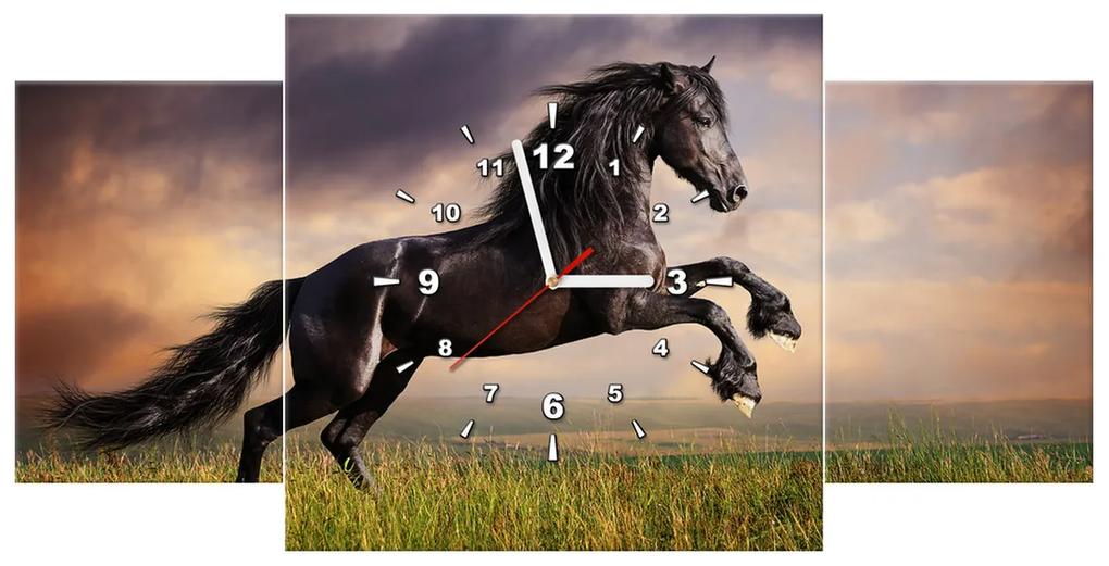 Gario Obraz s hodinami Silný čierny kôň - 3 dielny Rozmery: 80 x 40 cm
