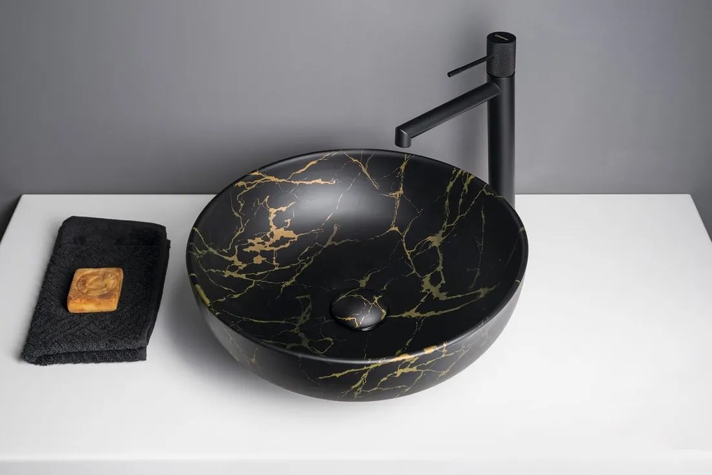 Sapho Sapho, RONDANE keramické umývadlo na dosku, priemer 41cm, mramor portoro, AR435PT