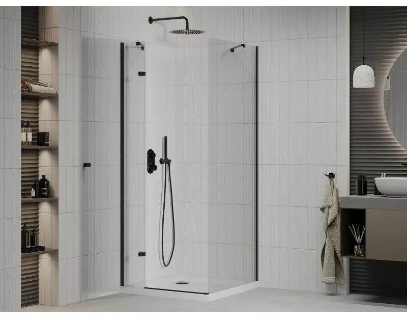 Mexen Roma, sprchovací kút s 1-krídlovými dverami 70 (dvere) x 80 (stena) cm, 6mm číre sklo, čierny profil, slim sprchová vanička 5cm biela s čiernym sifónom, 854-070-080-70-00-4010B