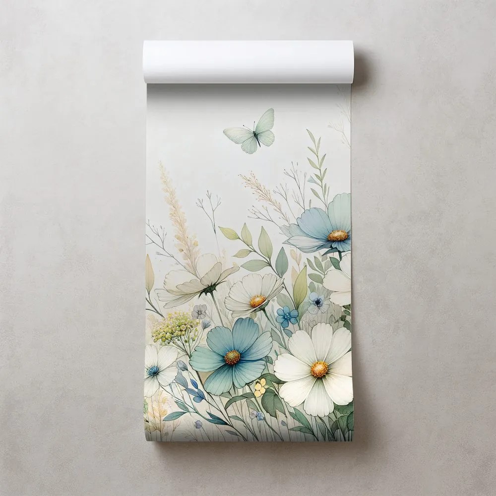 Tapeta pastelové lúčne kvety a lietajúce motýle