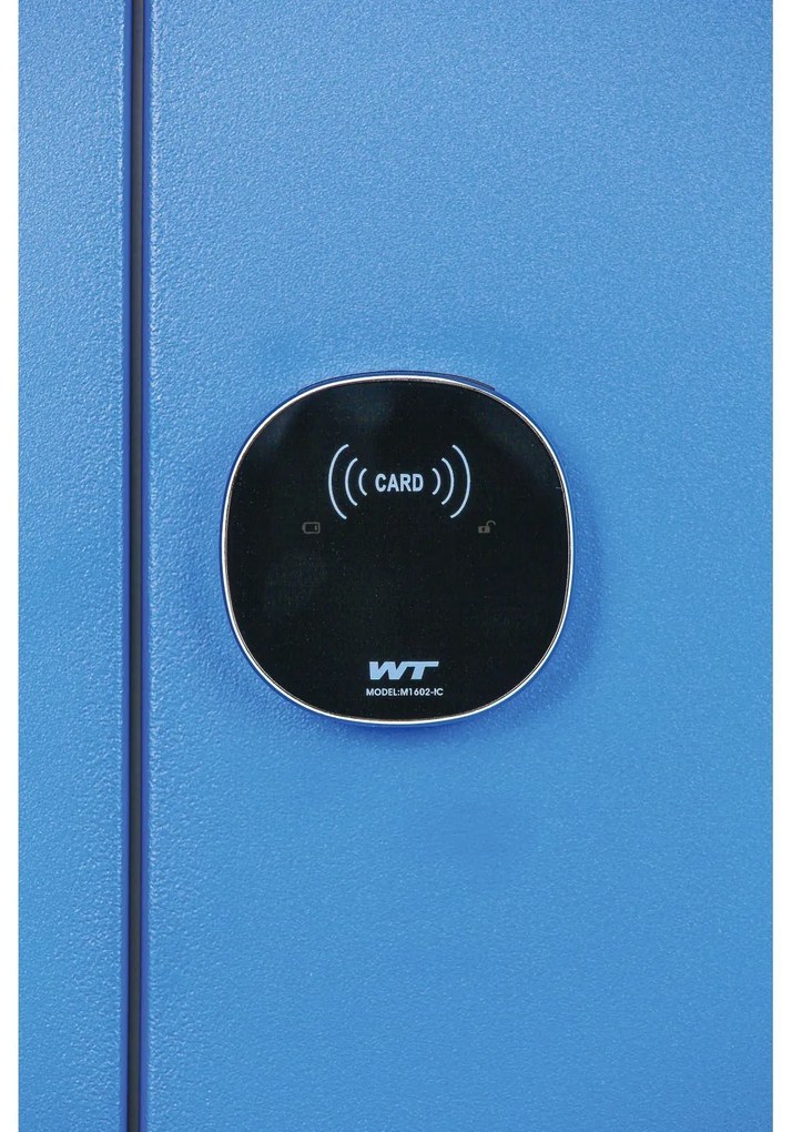 Šatníková skrinka S1 s úložnými boxmi, 3 boxy, 1850 x 300 x 500 mm, zámok s čítačkou RFID kariet, modré dvere