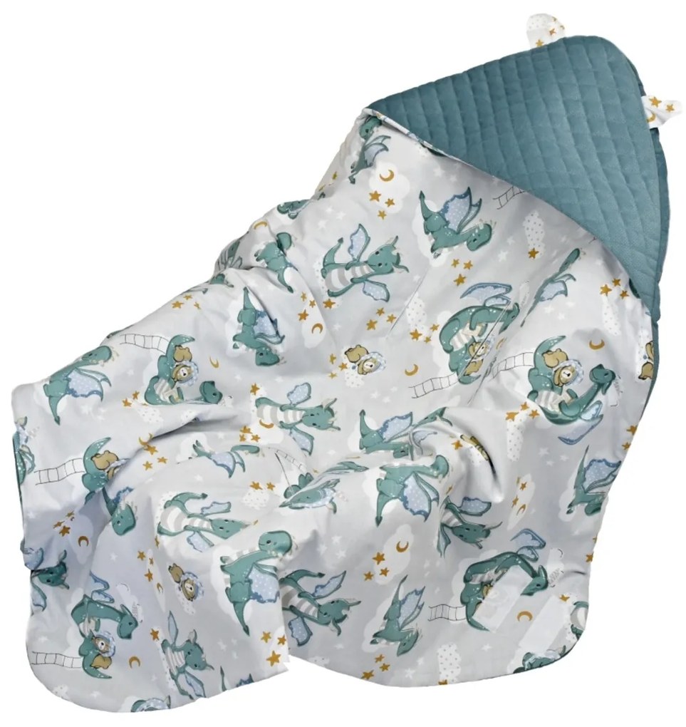 Zavinovacia deka s kapucňou Velvet/bavlna, Dráčik - zelená 90 x 90 cm