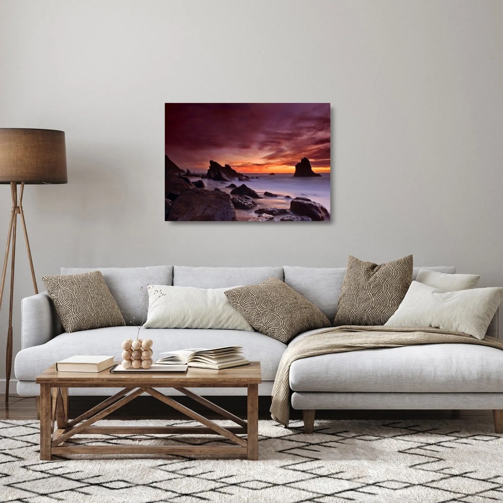 Sklenený obraz západu slnka na pobreží (70x50 cm)