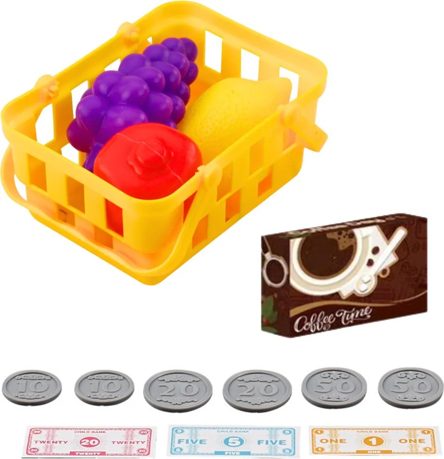 LEAN Toys Detská pokladňa s príslušenstvom, košík s ovocím, svetlá a zvuky, červená