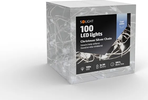 Vianočná reťaz strieborná 10 m - 100 mini LED - studená biela