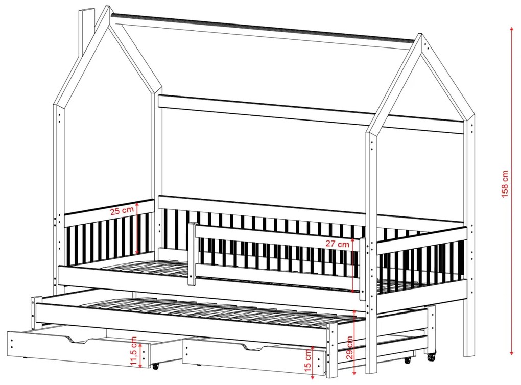 Detská domčeková posteľ s prístelkou a šuplíky PIPER - 200x90 cm - prírodná borovica