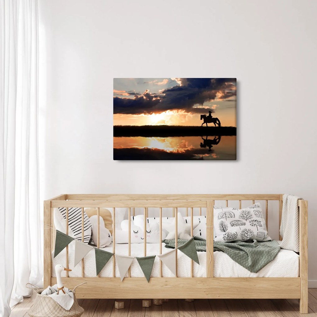 Obraz - Jazdec na koni pri západe slnka (90x60 cm)