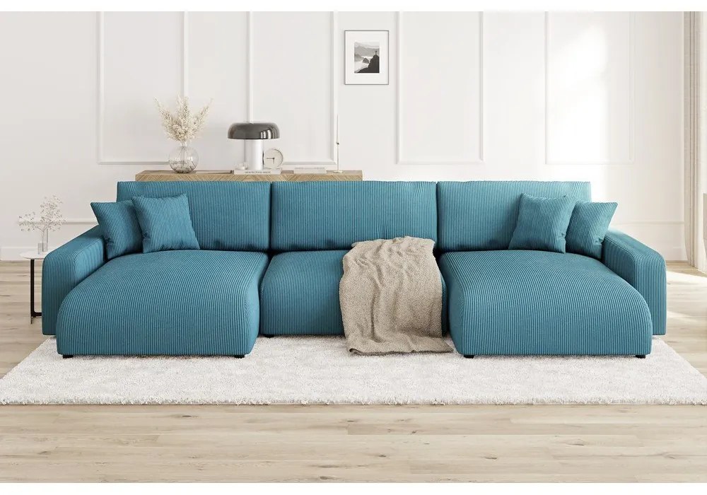 Tyrkysová menčestrová rozkladacia/s úložným priestorom rohová pohovka Sara – Ropez