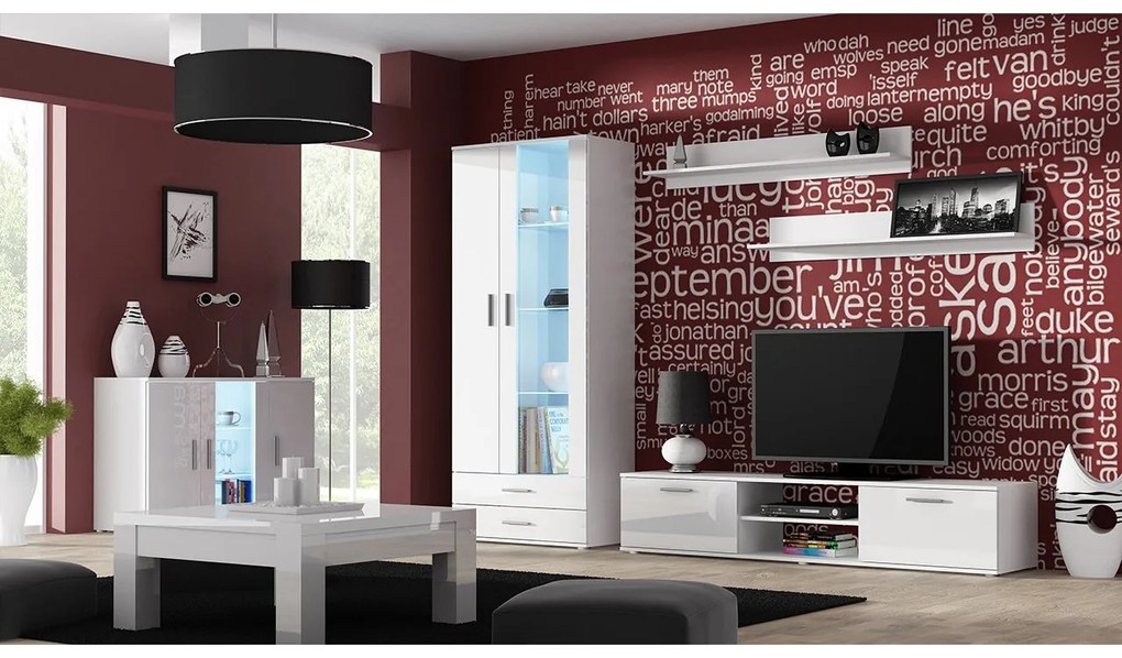 Obývacia stena Boho IX, Osvetlenie: osvetlenie LED RGB - farebné, Farby: čierny / čierny lesk
