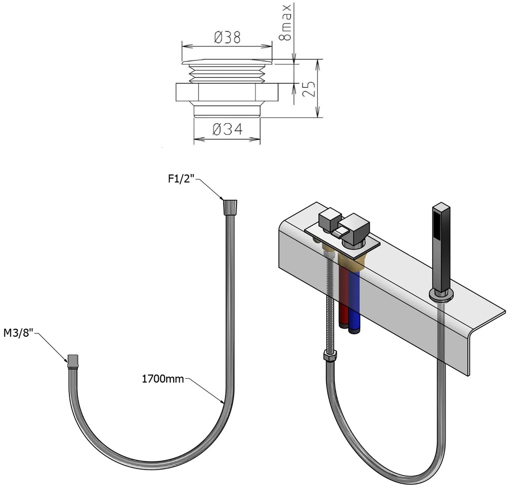 Sapho Sapho, Priechodka guľatá pre sprchu na okraj vane vrátane hadice, chróm, 1205-04