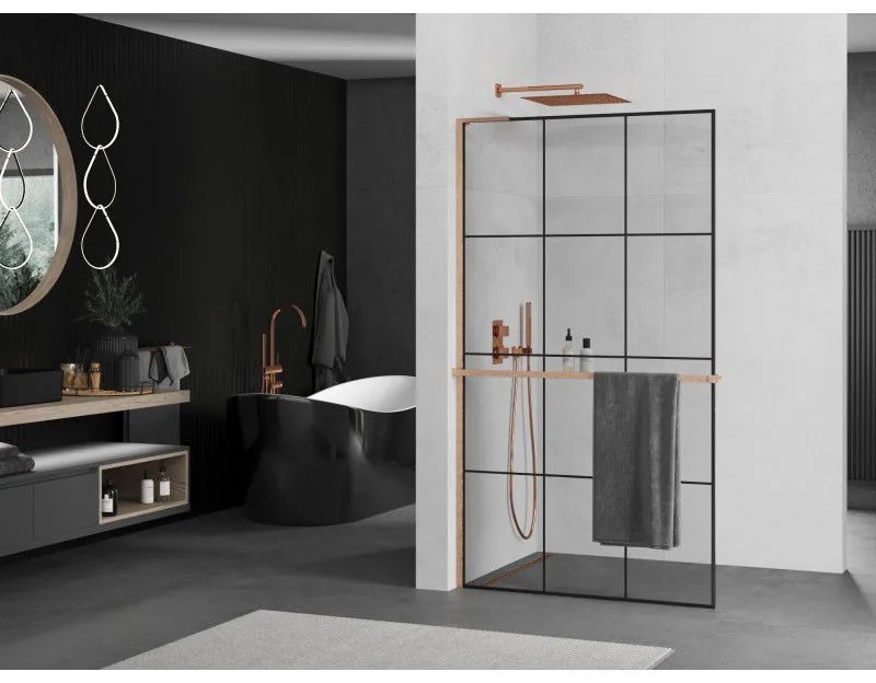 Mexen Kioto+ L, sprchová zástena Walk-In s poličkou a vešiakom 120 x 200 cm, 8mm číre sklo čierny vzor, medený matný profil, 800-120-123-65-77