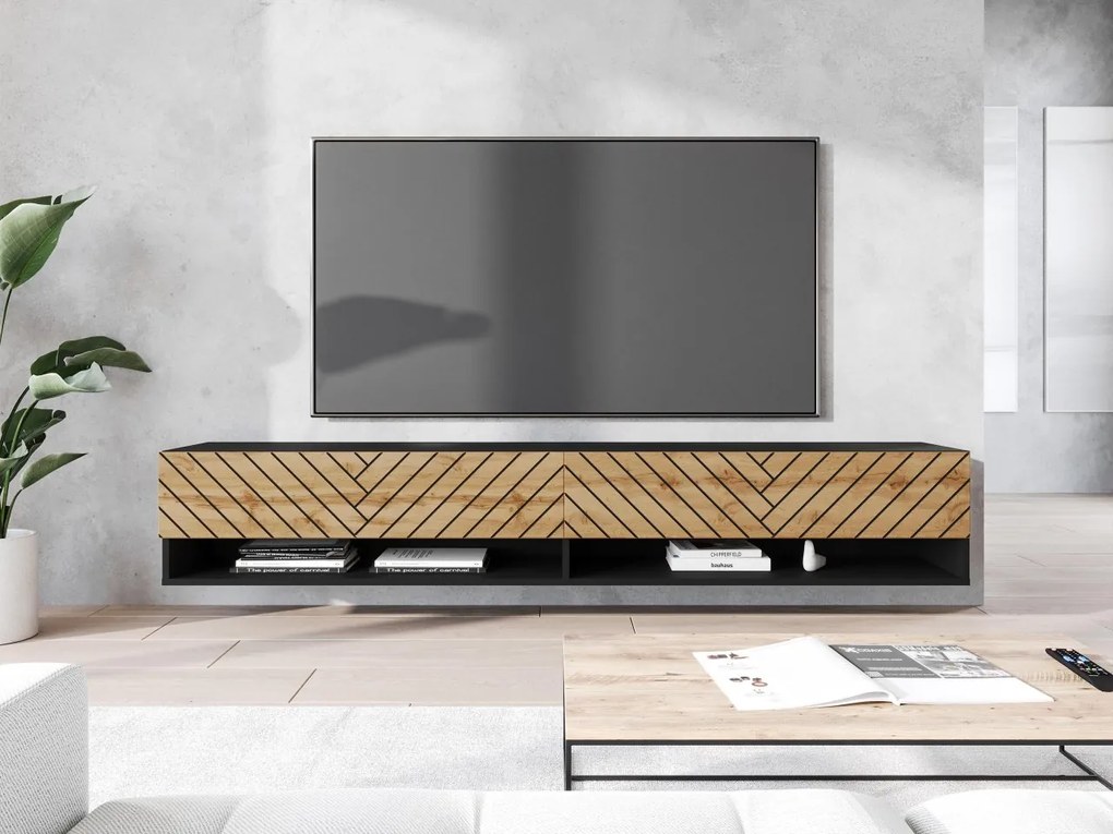 TV stolík/skrinka Adenik 180 MDF, Farby: biela / biela fala, Osvetlenie: osvetlenie LED RGB - farebné