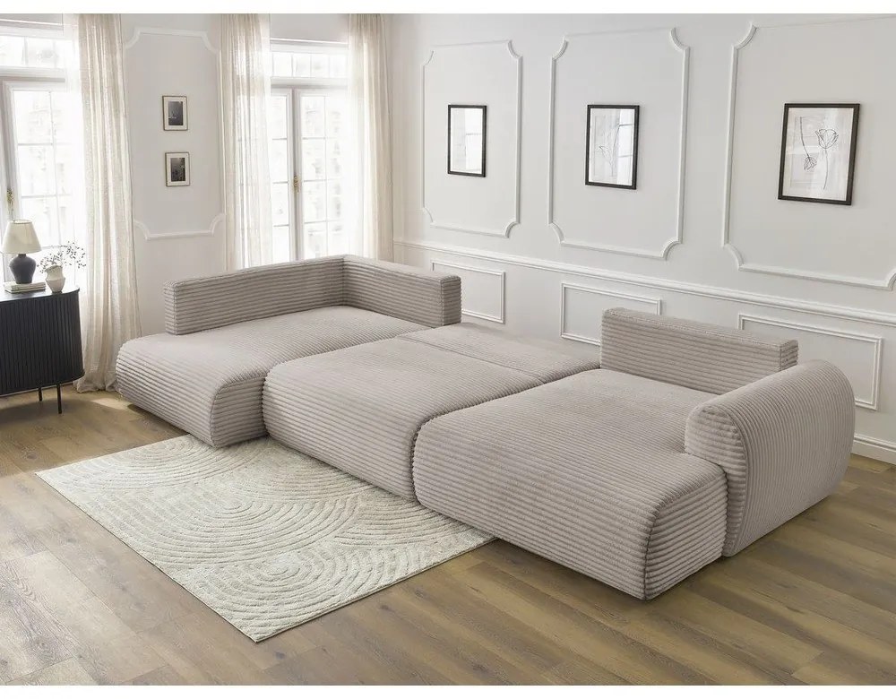 Svetlosivá/béžová menčestrová rozkladacia/s úložným priestorom rohová pohovka (ľavý roh/do tvaru "U") Lucien – Bobochic Paris