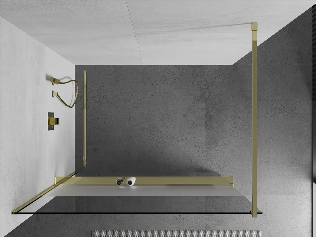 Mexen Kioto+, sprchová zástena s poličkou a držiakom na uteráky 140 x 200 cm, 8mm číre sklo vzor námraza, zlatý profil, 800-140-121-50-35