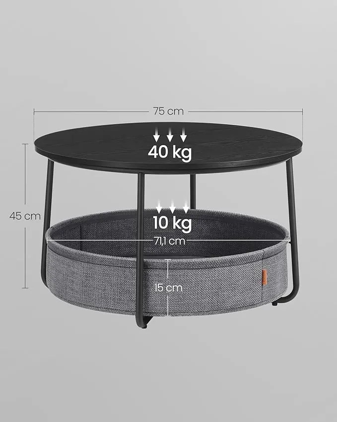 Konferenčný stolík SALMA s odkladacím košom, Ø 75 cm, čierny