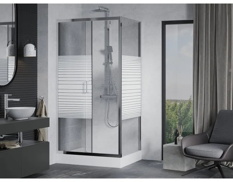 Mexen Apia, sprchový kút s posuvnými dverami 120 (dvere) x 90 (stena) cm, 6mm číre sklo s pásikmi, chrómový profil + biela sprchová vanička RIO s chrómovým sifónom, 840-120-090-01-20-4510