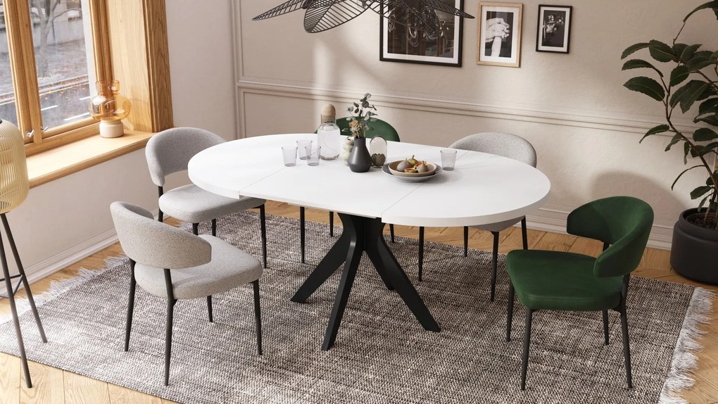 RENZO Biely/čierna noha - OKRÚHLY STÔL Ø110 ROZKLADACÍ DO 180 cm | DO KUCHYNE JEDÁLNE OBÝVAČKY RETRO