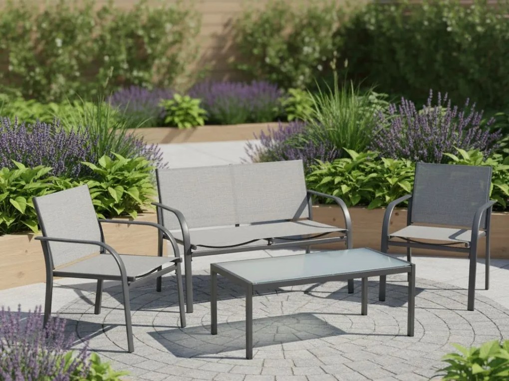 Záhradný set LOUNGE s kreslami, lavicou a stolíkom, sivý