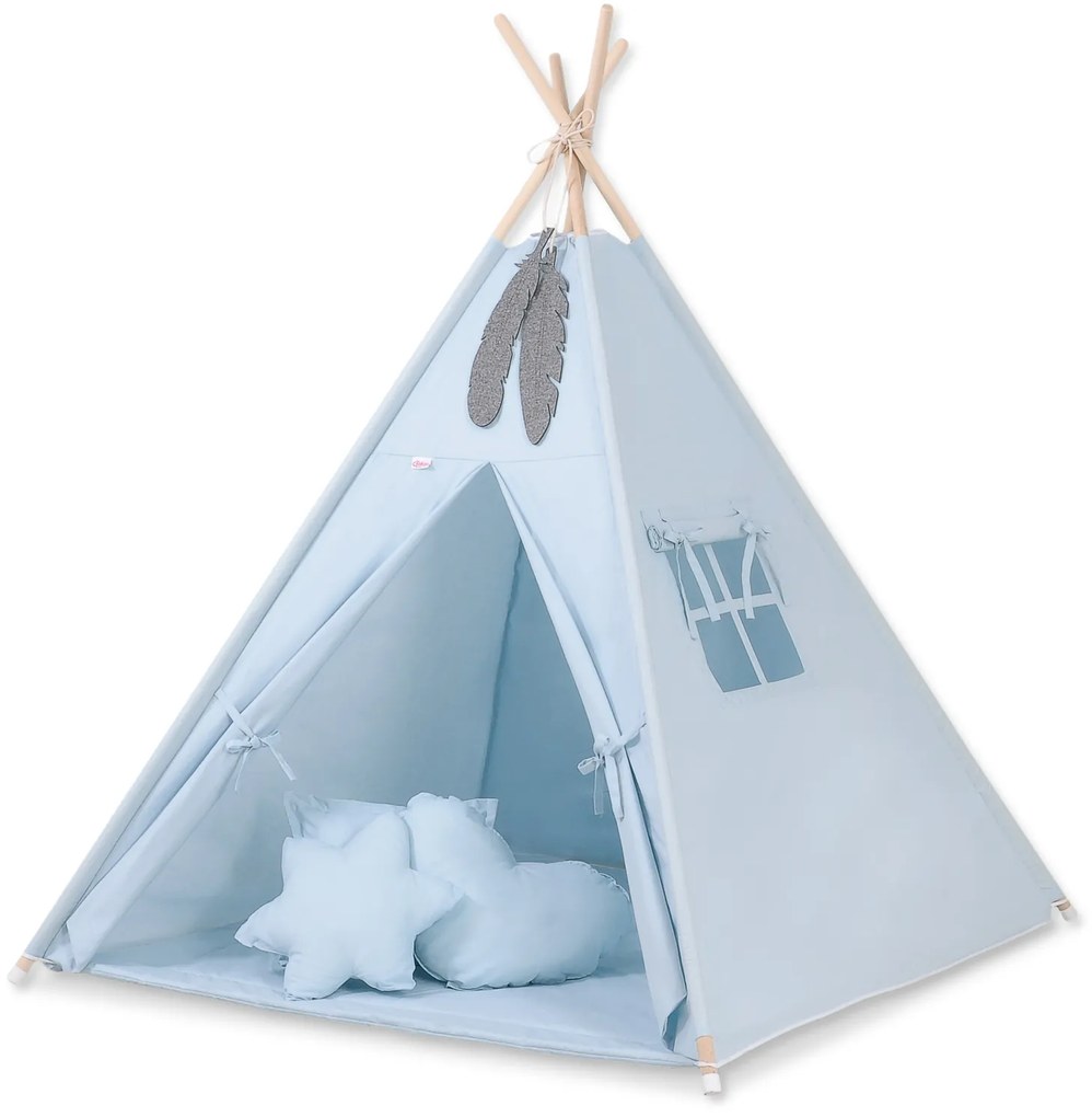 Bobono Stan Teepee pre deti + hracia podložka + vankúše + ozdobné perie - modrý