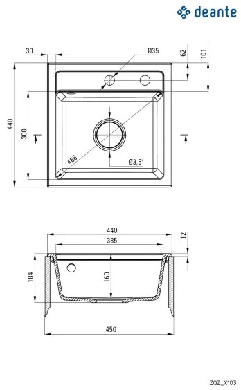 Deante ZQZ_T103 - Kuchynský drez ZORBA 44x44 cm granit/antracit