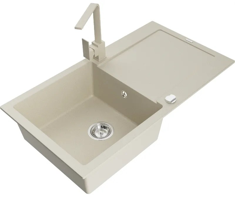 Mexen Leo, drez granitový 900x500x190 mm, 1-komorový, béžový s chrómovým sifónom a béžová drezová batéria Rita, 6501-69-670300-69