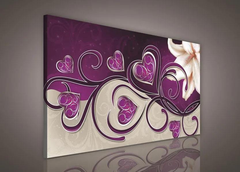 Obraz na plátně srdce fialové s lilií 100 x 75 cm