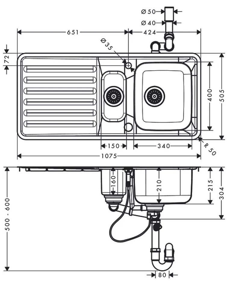 Hansgrohe S41 - S4113-F540 Vstavaný drez 340/150/400 s odkvapkávačom, nerezová oceľ 43339800