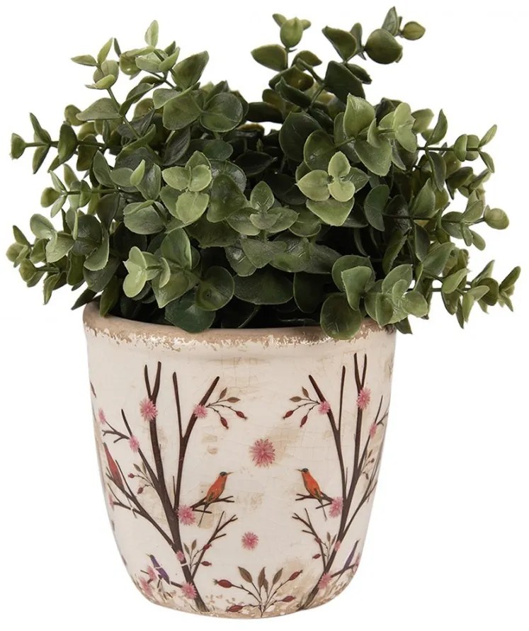 Béžový keramický obal na kvetináč s kvetmi a vtáčikmi Birdie S - Ø 13*12 cm