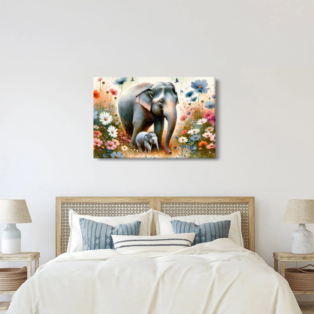 Obraz - Slonia mama, akvarel (90x60 cm)