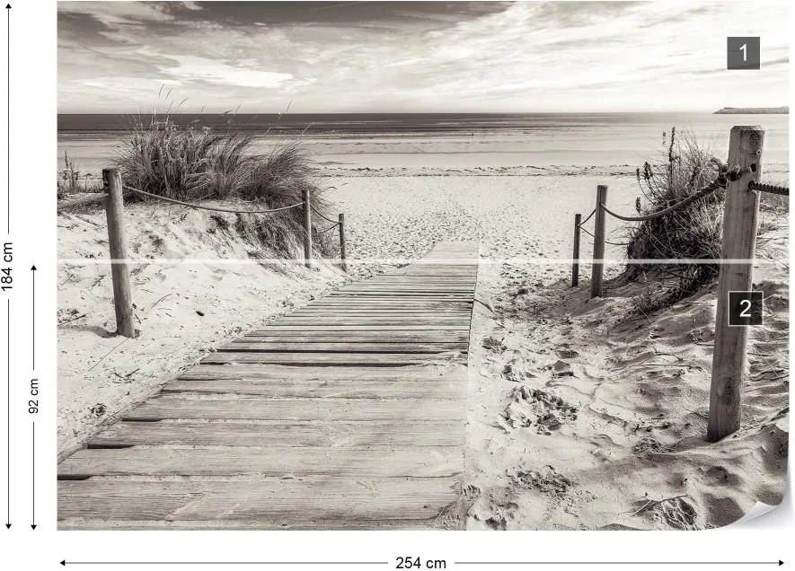 GLIX Fototapeta - Beach Path Sea Coastal Black And White Vliesová tapeta  - 254x184 cm