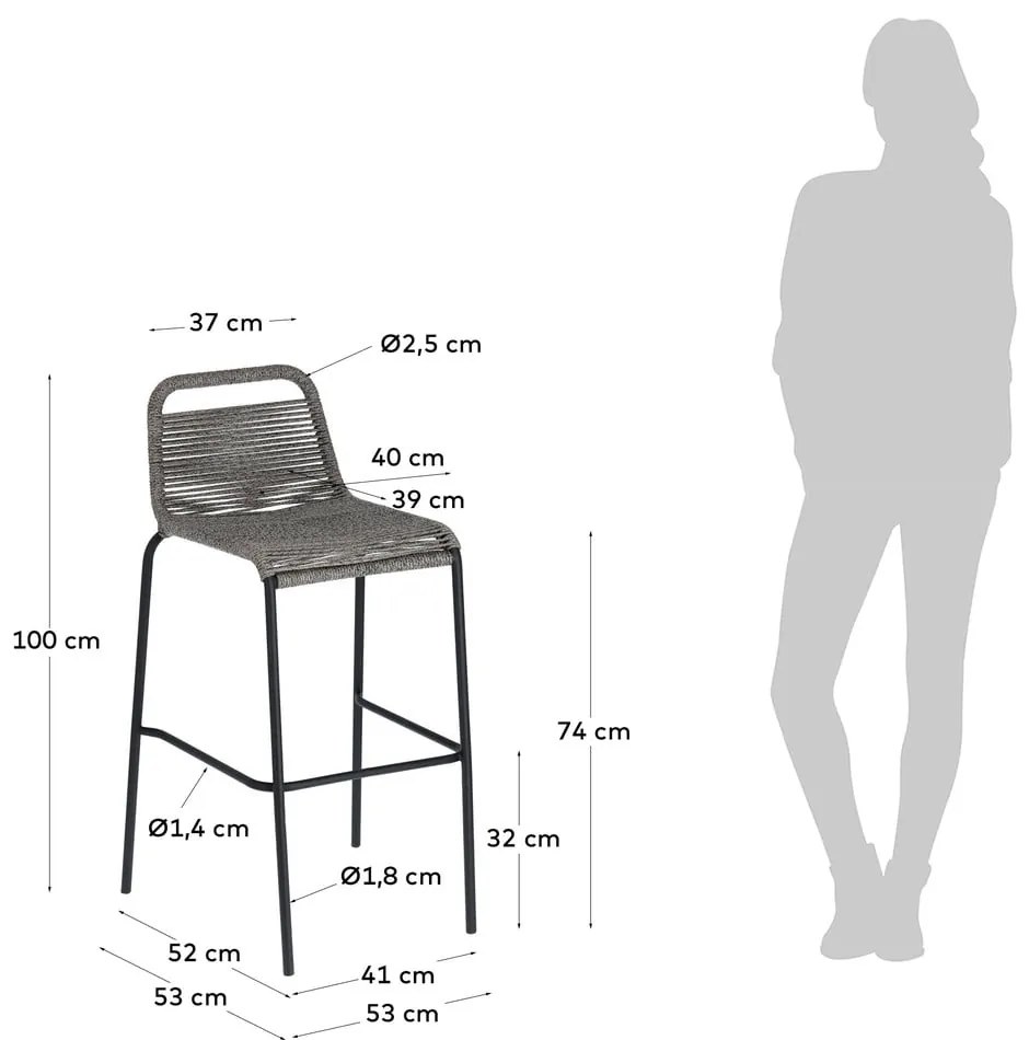 Sivá barová stolička s oceľovou konštrukciou Kave Home Glenville, výška 74 cm